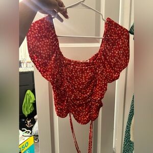 Red Floral Ruched Puff-Sleeve Crop Top